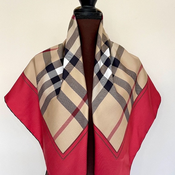 NWT Burberry Scarf House Check Beige Red Border Logo Silk Wrap - Picture 4 of 16